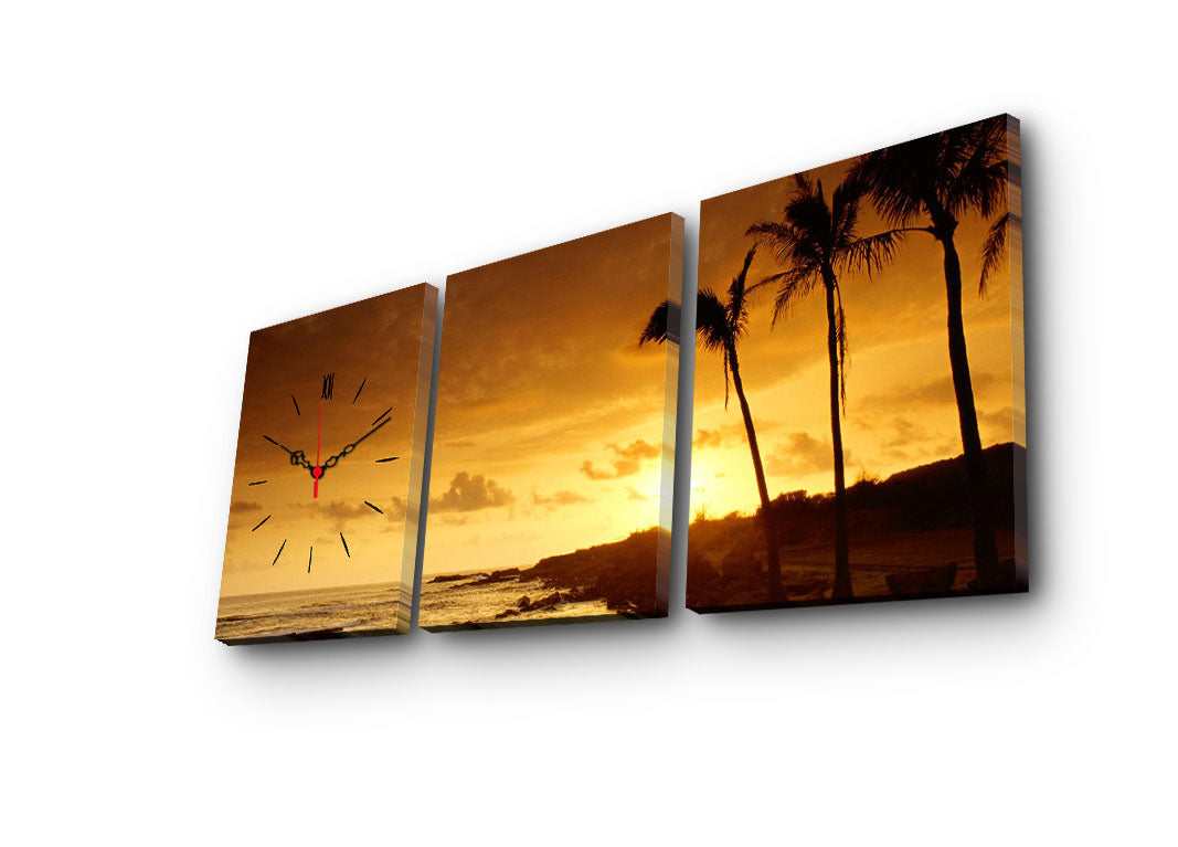Relógio de Parede Decorativo em Tela Suede (3 Peças) Multicolor — 30 x 40 cm cada, 96 x 40 cm total, Moldura de Madeira 3 cm