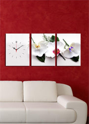 Relógio de Parede em Tela Decorativa Multicolor (3 Peças) – 30x40 cm cada, Total 96x40 cm, Tela de Camurça 100%, Moldura de Madeira 3 cm – 3P3040CS-13
