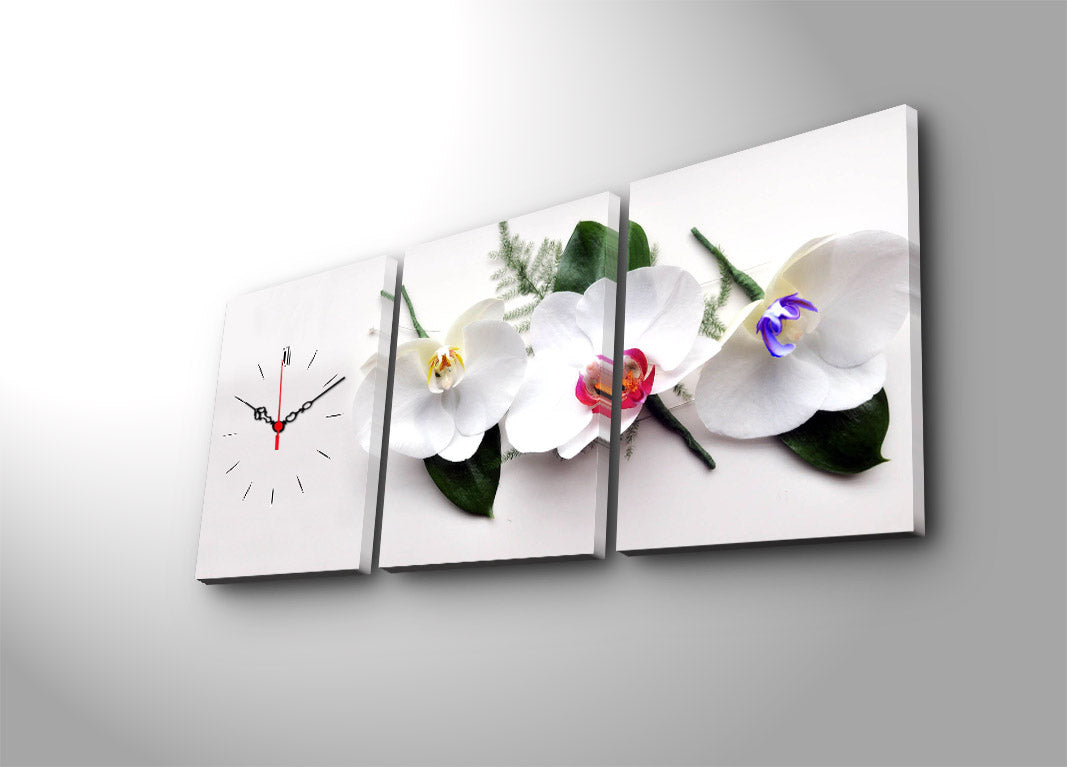 Relógio de Parede em Tela Decorativa Multicolor (3 Peças) – 30x40 cm cada, Total 96x40 cm, Tela de Camurça 100%, Moldura de Madeira 3 cm – 3P3040CS-13