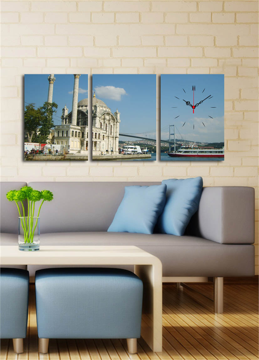 Relógio de Parede em Tela Decorativa (3 Peças) Multicolor – 30x40 cm cada, Total 96x40 cm, Tela Suede 100%, Moldura de Madeira 3 cm – 3P3040CS-24