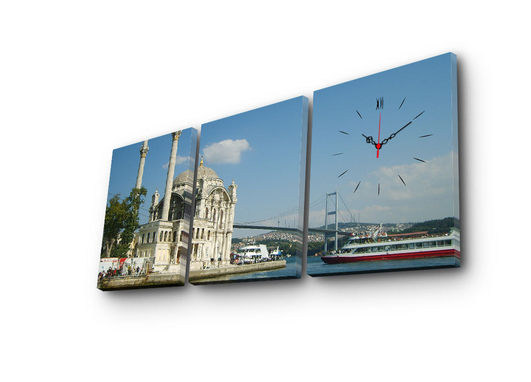 Relógio de Parede em Tela Decorativa (3 Peças) Multicolor – 30x40 cm cada, Total 96x40 cm, Tela Suede 100%, Moldura de Madeira 3 cm – 3P3040CS-24