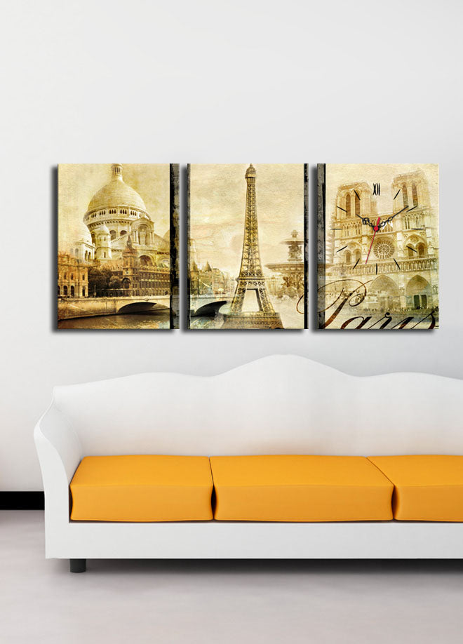 Relógio de Parede em Tela Decorativa Multicolor (3 Peças) – 30x40 cm cada, Total 96x40 cm – Tela de Camurça 100% com Moldura de Madeira 3 cm