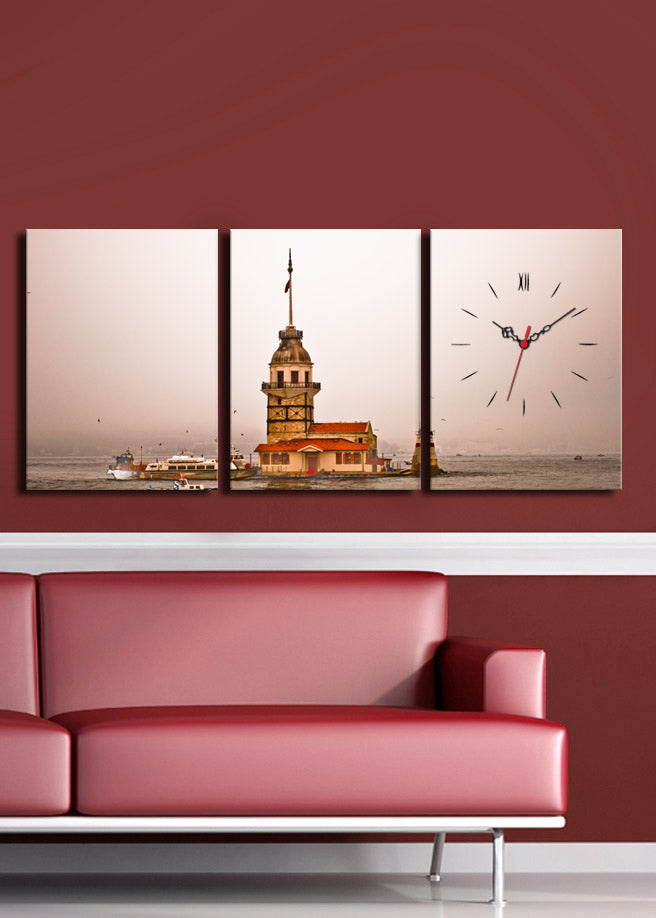 Relógio de Parede em Tela Decorativa (3 Peças) Multicolor – 30x40 cm cada, total 96x40 cm, tela suede e moldura de madeira – 3P3040CS-28