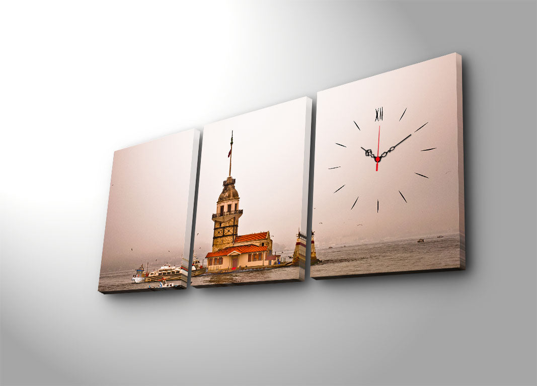 Relógio de Parede em Tela Decorativa (3 Peças) Multicolor – 30x40 cm cada, total 96x40 cm, tela suede e moldura de madeira – 3P3040CS-28