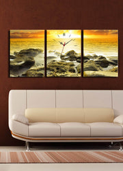 Relógio de Parede em Tela Decorativa 3 Peças, Multicor – 30x40 cm cada (96x40 cm total), Suede 100% com Moldura de Madeira