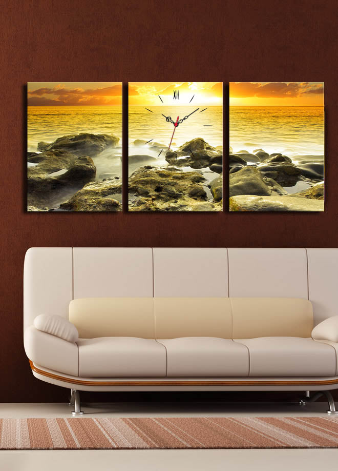 Relógio de Parede em Tela Decorativa 3 Peças, Multicor – 30x40 cm cada (96x40 cm total), Suede 100% com Moldura de Madeira