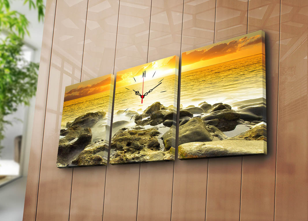 Relógio de Parede em Tela Decorativa 3 Peças, Multicor – 30x40 cm cada (96x40 cm total), Suede 100% com Moldura de Madeira