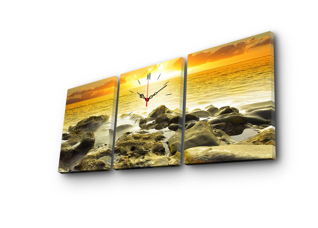 Relógio de Parede em Tela Decorativa 3 Peças, Multicor – 30x40 cm cada (96x40 cm total), Suede 100% com Moldura de Madeira