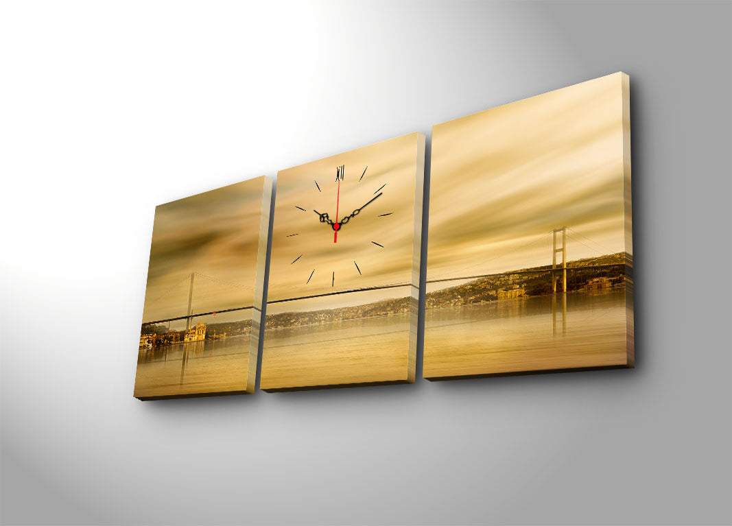 Relógio de Parede em Tela Decorativa (3 Peças) Multicolor – 30x40 cm cada, total 96x40 cm, tela camurça 100%, moldura de madeira 3 cm
