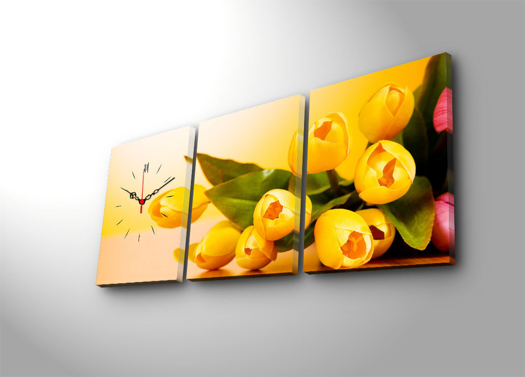 Relógio de Parede em Tela Decorativa Multicolor (3 Peças) – 96x40 cm, Tela Camurça 100%, Moldura de Madeira 3 cm