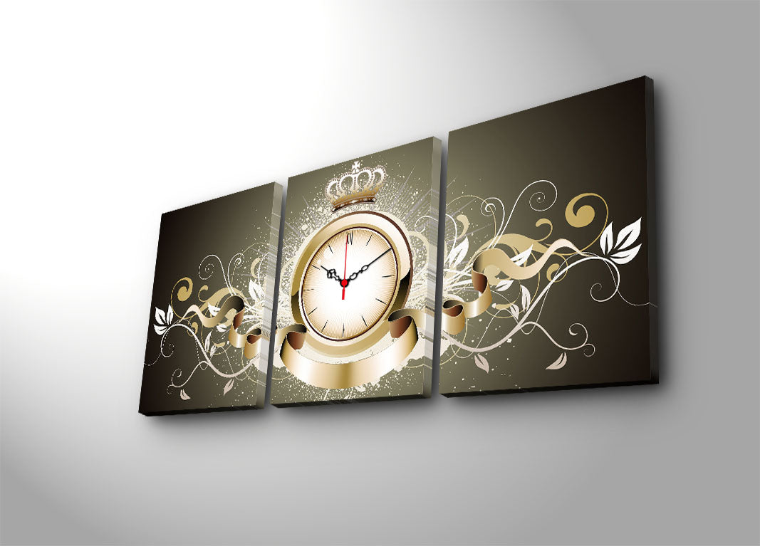Relógio de Parede em Tela Decorativa 3 Peças, Multicolor, 30x40 cm cada (Total 96x40), Suede 100%, Moldura de Madeira 3 cm