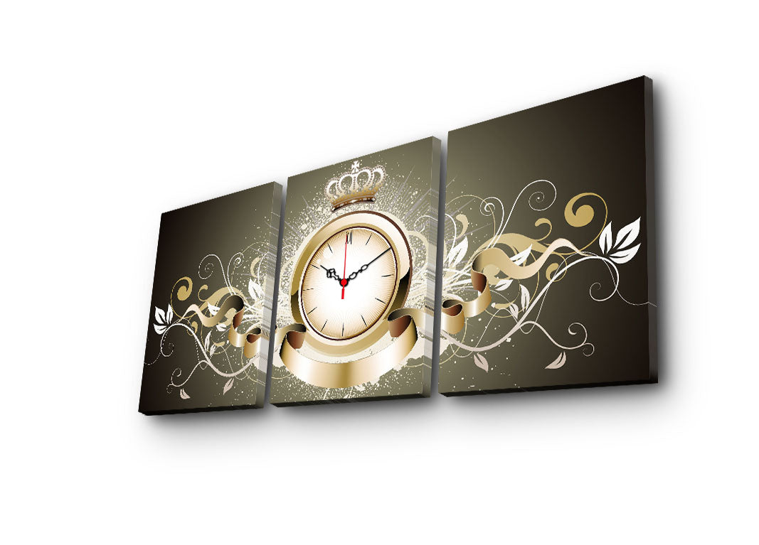 Relógio de Parede em Tela Decorativa 3 Peças, Multicolor, 30x40 cm cada (Total 96x40), Suede 100%, Moldura de Madeira 3 cm