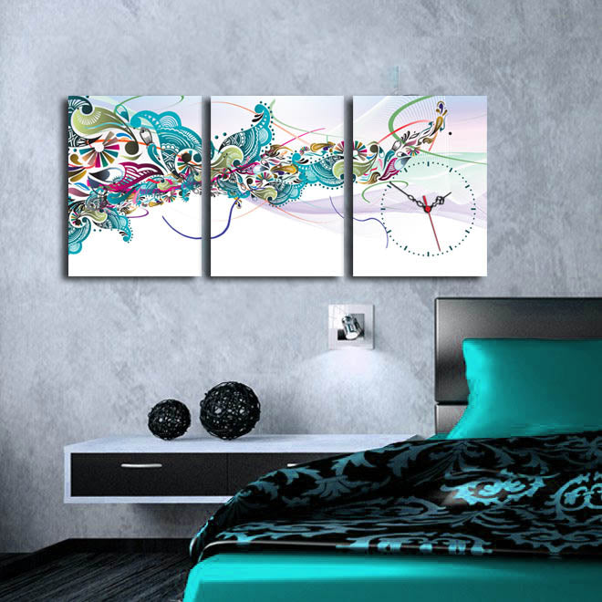 Relógio de Parede Decorativo em Tela de Camurça 100% (3 Peças) Multicolor – 30x40 cm cada, Moldura de Madeira