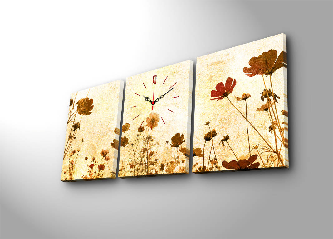 Relógio de Parede em Tela Suede – Conjunto 3 Peças, Multicolor, Moldura de Madeira, 30x40 cm (cada), Total 96x40 cm