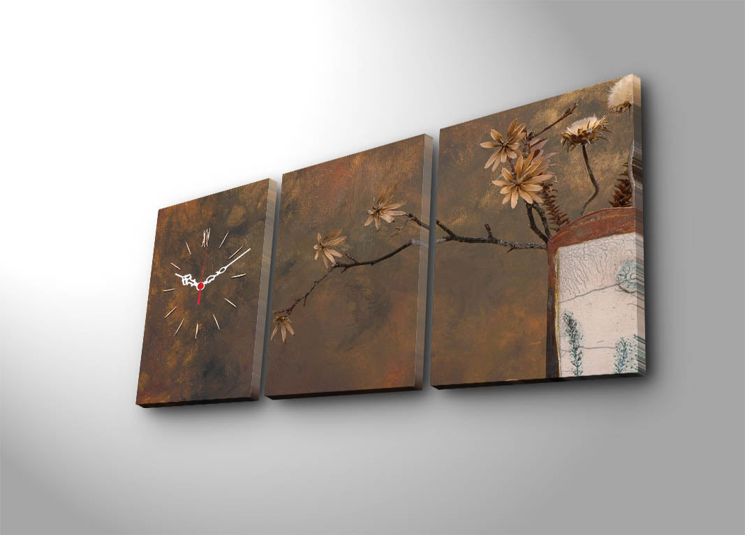 Relógio de Parede em Tela Decorativa Multicolor (Conjunto de 3) — Tela Suede 100%, 30x40 cm cada (Total 96x40 cm), Moldura de Madeira 3 cm