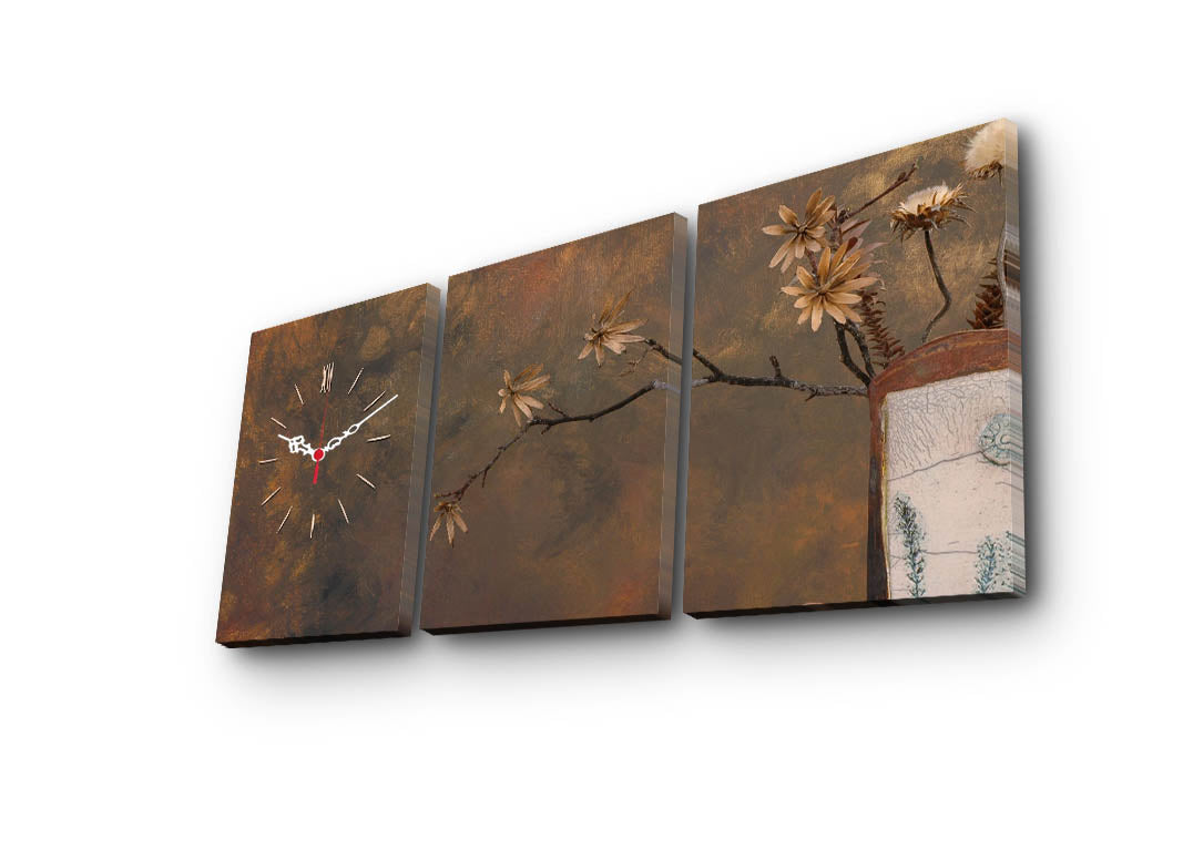 Relógio de Parede em Tela Decorativa Multicolor (Conjunto de 3) — Tela Suede 100%, 30x40 cm cada (Total 96x40 cm), Moldura de Madeira 3 cm