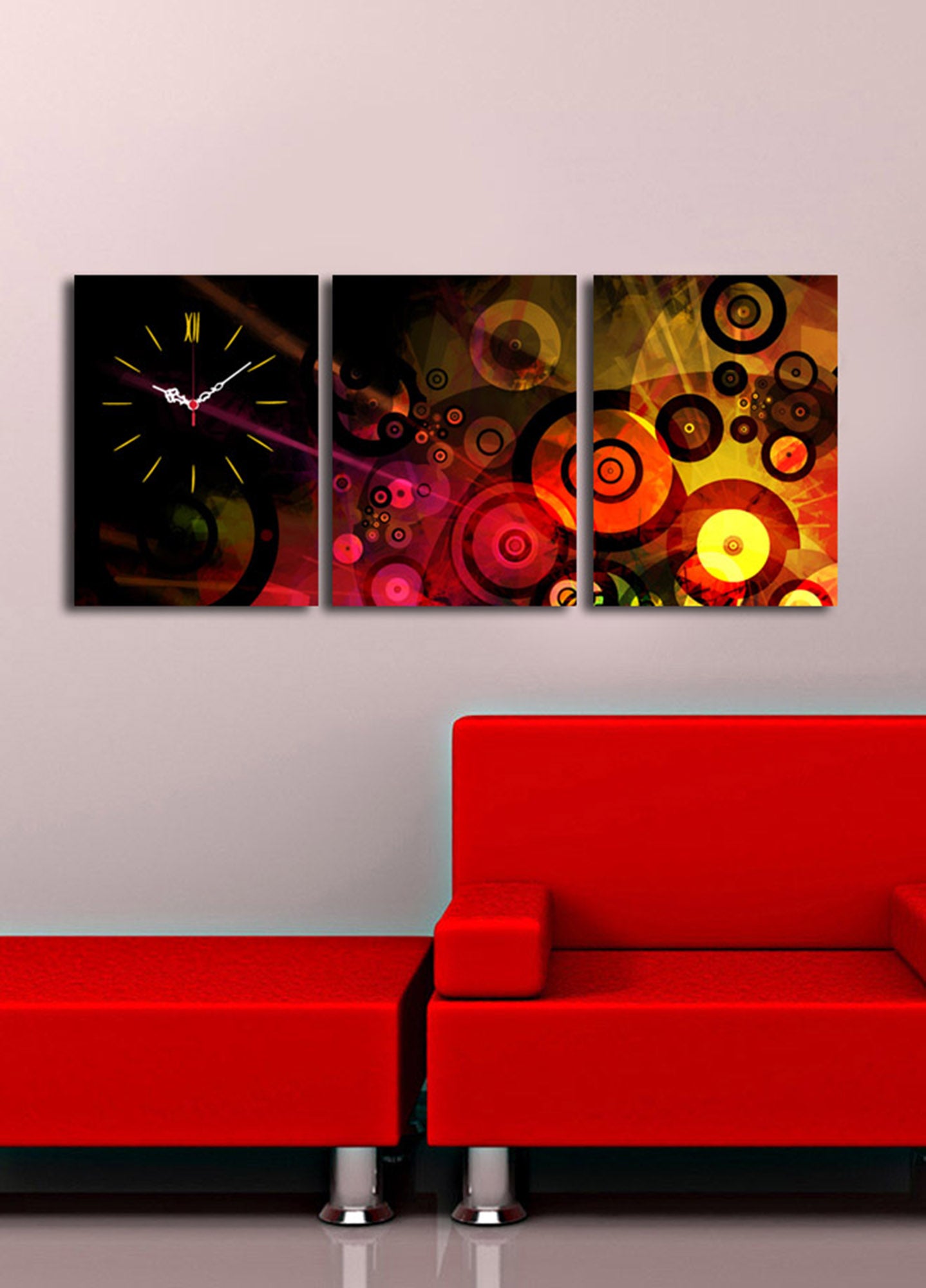 Relógio de Parede em Tela Decorativa (3 Peças) Multicolor — 3P3040CS-58, Suede 100%, Moldura de Madeira 3 cm, 30x40 cm cada, Total 96x40 cm