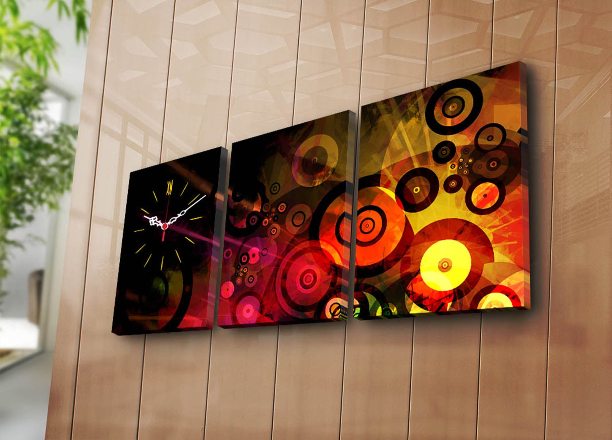 Relógio de Parede em Tela Decorativa (3 Peças) Multicolor — 3P3040CS-58, Suede 100%, Moldura de Madeira 3 cm, 30x40 cm cada, Total 96x40 cm