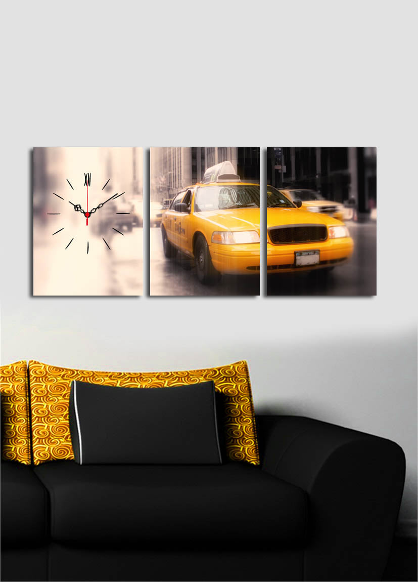 Relógio de Parede em Tela Decorativa 3 Peças Multicor, Tela Suede 100%, 30x40 cm cada (96x40 cm total), Moldura de Madeira