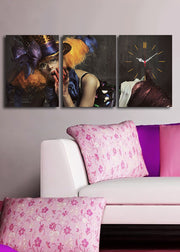 Relógio de Parede Decorativo em Tela Suede (3 Peças) – Multicolor, 30x40 cm cada (Total 96x40 cm), Moldura 100% Madeira – 3P3040CS-60