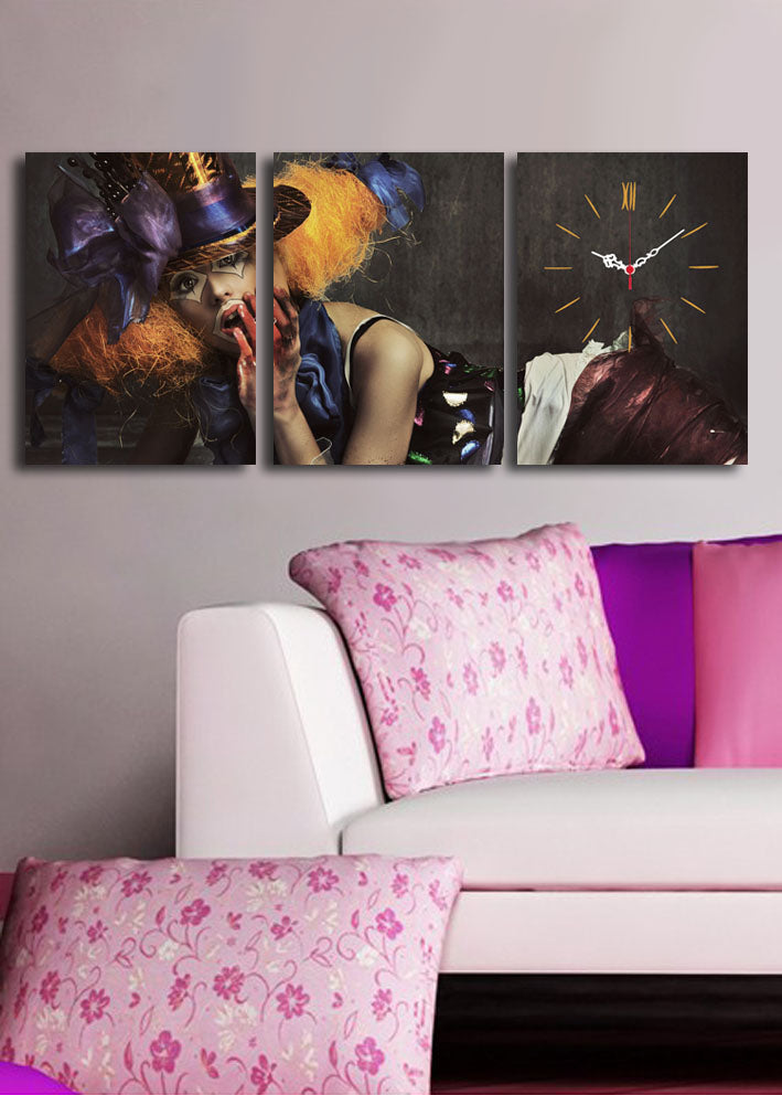 Relógio de Parede Decorativo em Tela Suede (3 Peças) – Multicolor, 30x40 cm cada (Total 96x40 cm), Moldura 100% Madeira – 3P3040CS-60