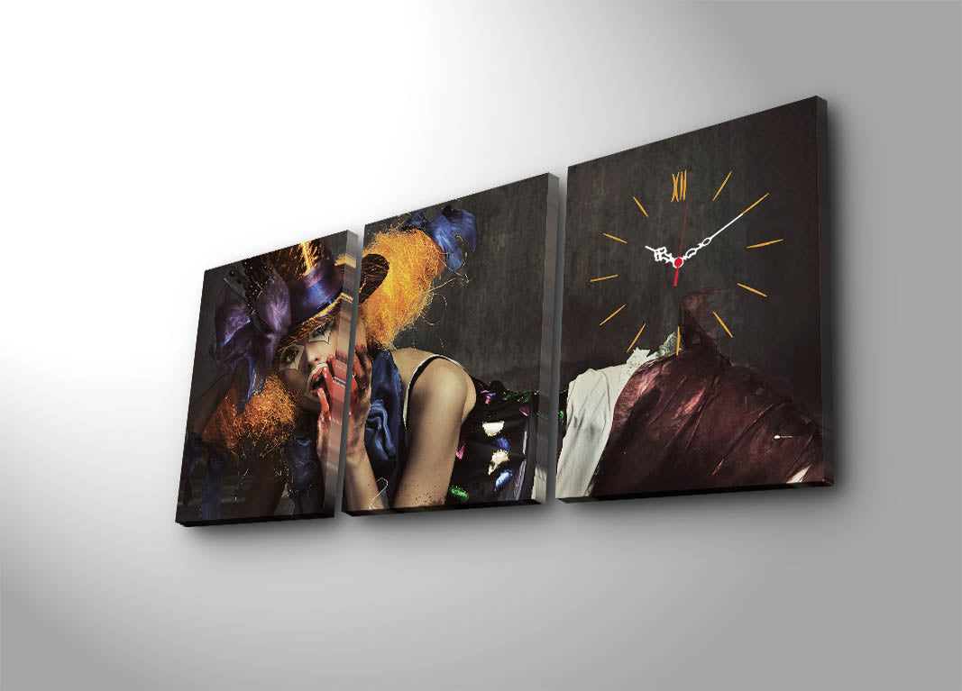 Relógio de Parede Decorativo em Tela Suede (3 Peças) – Multicolor, 30x40 cm cada (Total 96x40 cm), Moldura 100% Madeira – 3P3040CS-60