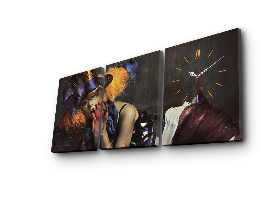 Relógio de Parede Decorativo em Tela Suede (3 Peças) – Multicolor, 30x40 cm cada (Total 96x40 cm), Moldura 100% Madeira – 3P3040CS-60