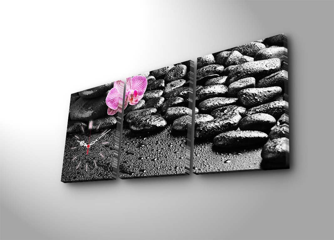 Relógio de Parede em Tela Decorativa (3 Peças) Multicolor – Tela Suede 100%, 30x40 cm cada, Total 96x40 cm, Moldura de Madeira 3 cm