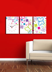 Relógio de Parede em Tela Decorativa (3 Peças) Multicolor — Tela Suede 100%, 30x40 cm cada, Total 96x40 cm, Moldura de Madeira 3 cm (3P3040CS-65)