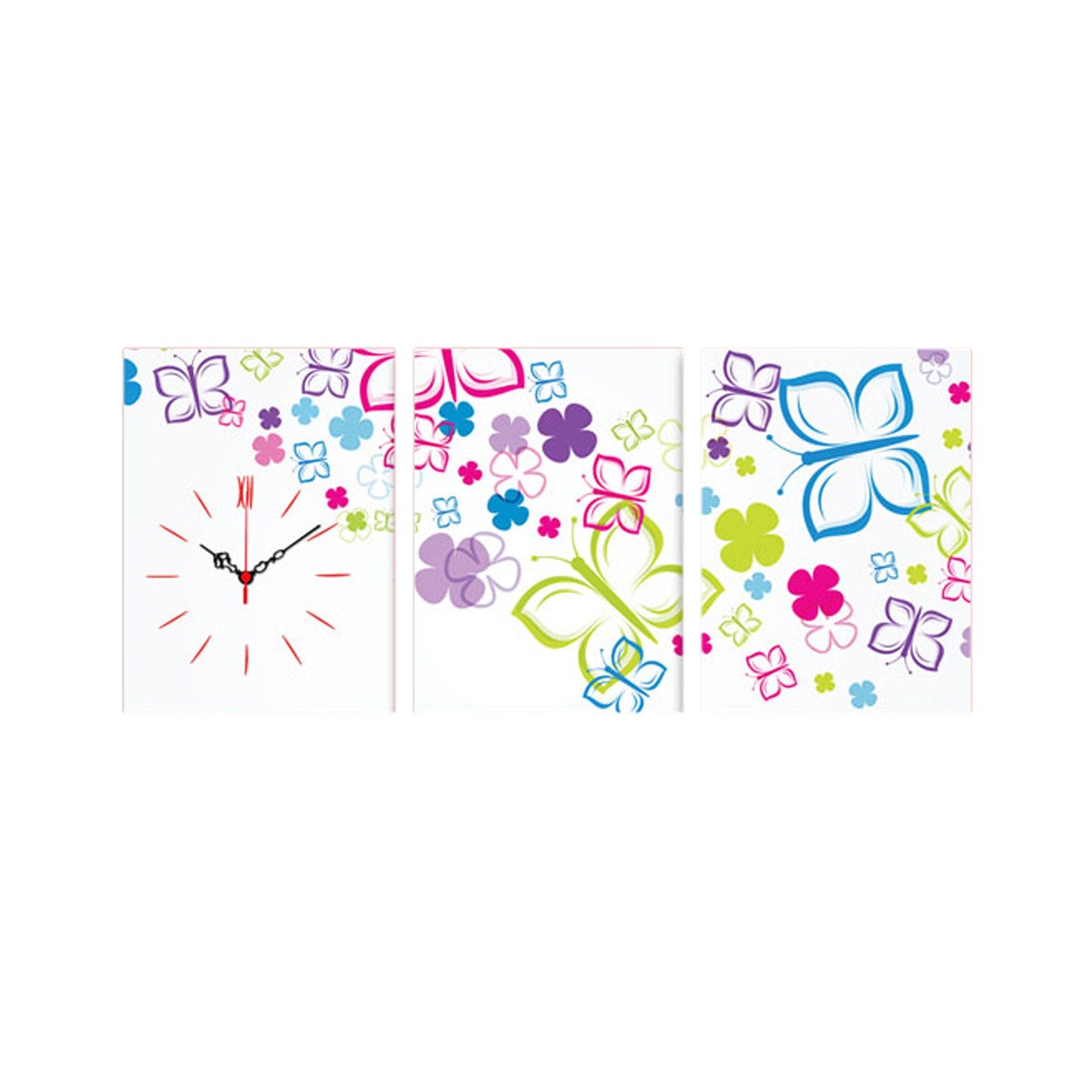 Relógio de Parede em Tela Decorativa (3 Peças) Multicolor — Tela Suede 100%, 30x40 cm cada, Total 96x40 cm, Moldura de Madeira 3 cm (3P3040CS-65)