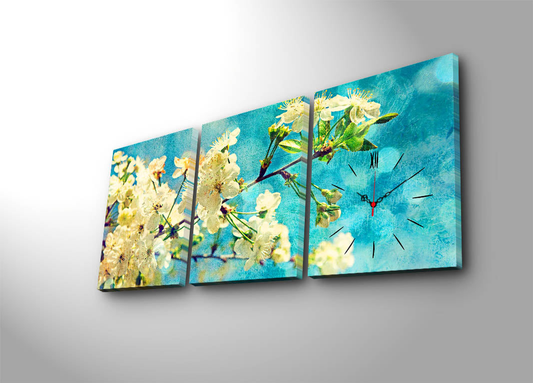 Relógio de Parede em Tela Decorativa 3 Peças, Multicolor – Tela Suede 100%, Moldura de Madeira 3 cm, 30x40 cm (cada), Total 96x40 cm