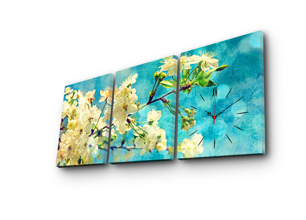 Relógio de Parede em Tela Decorativa 3 Peças, Multicolor – Tela Suede 100%, Moldura de Madeira 3 cm, 30x40 cm (cada), Total 96x40 cm