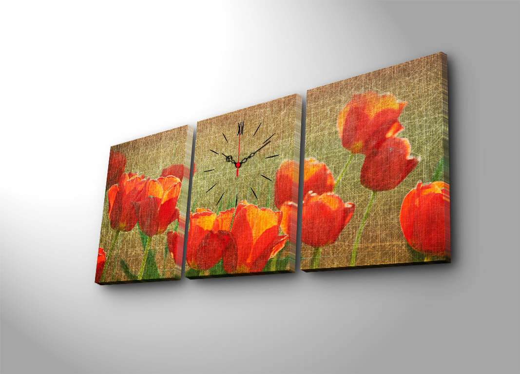 Relógio de Parede em Tela Decorativa Tripartido (3 Peças) Multicolor – 30x40 cm cada, Total 96x40 cm, Suede 100%, Moldura de Madeira 3 cm