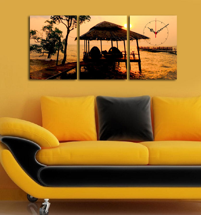 Relógio de Parede Decorativo em Tela (3 Peças) Multicolor – Suede 100%, 30x40 cm (cada), Total 96x40 cm, Moldura em Madeira 3 cm (Mod. 3P3040CSMOR-5)