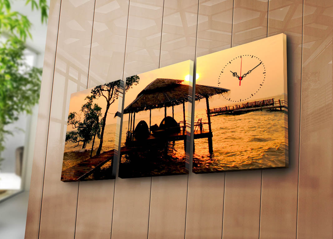 Relógio de Parede Decorativo em Tela (3 Peças) Multicolor – Suede 100%, 30x40 cm (cada), Total 96x40 cm, Moldura em Madeira 3 cm (Mod. 3P3040CSMOR-5)