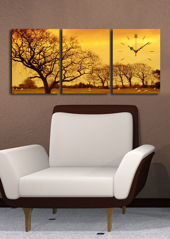 Relógio de Parede em Tela Decorativa (Conjunto de 3) Multicolor — 30x40 cm cada, total 96x40 cm, Moldura 100% Madeira