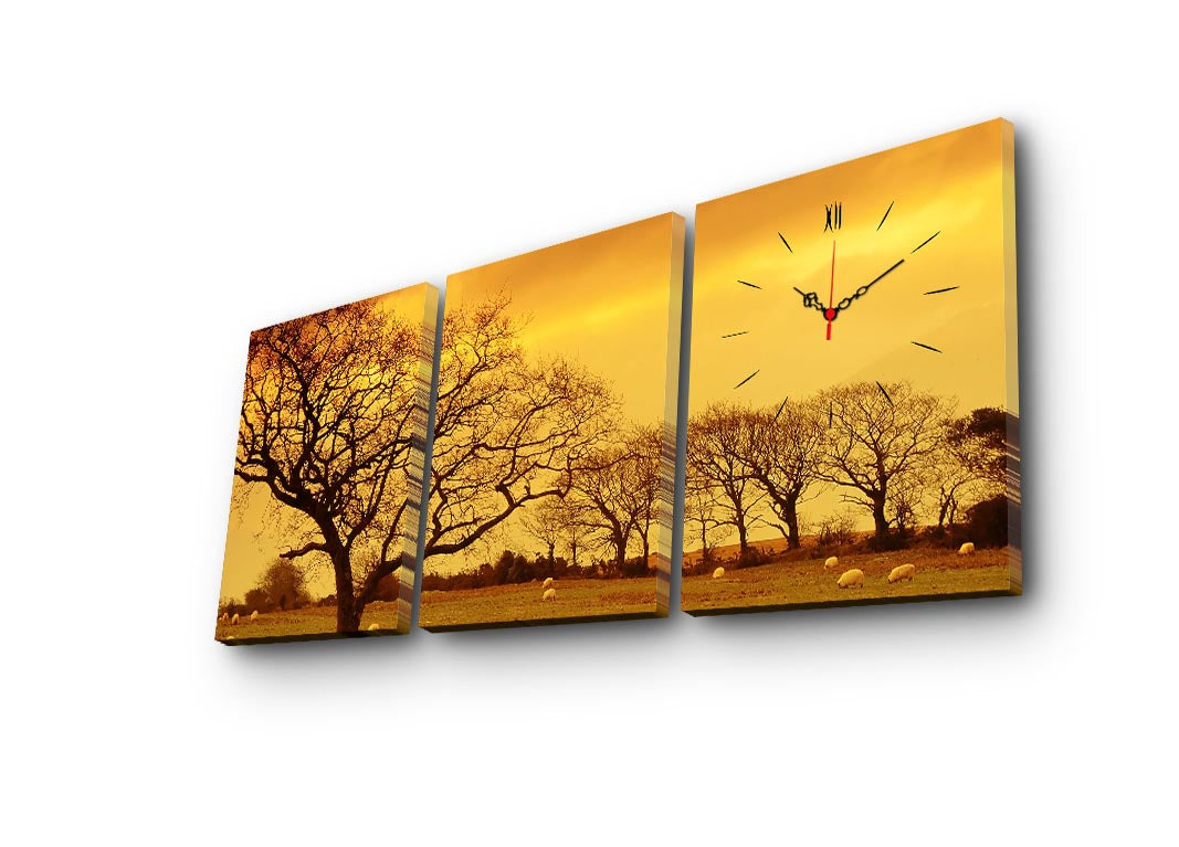 Relógio de Parede em Tela Decorativa (Conjunto de 3) Multicolor — 30x40 cm cada, total 96x40 cm, Moldura 100% Madeira