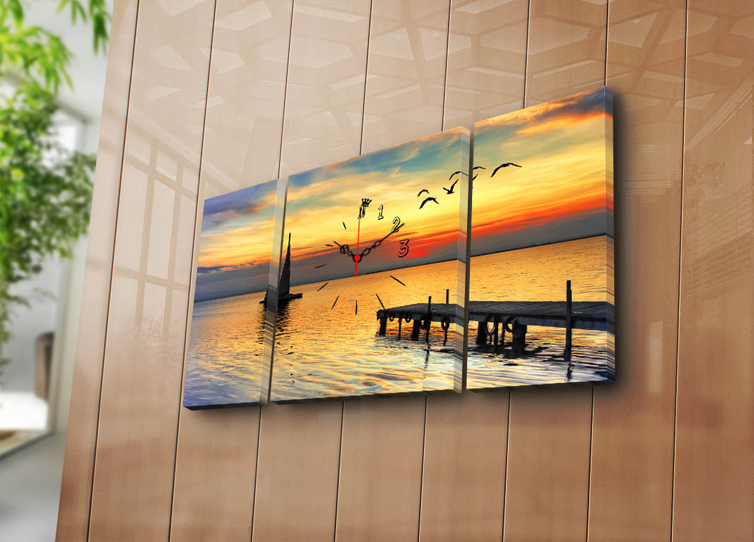 Relógio de Parede em Tela Decorativa Multicolor – Conjunto 3 Peças, Suede Canvas, Moldura de Madeira, 84 x 45 cm