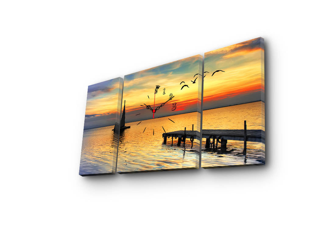 Relógio de Parede em Tela Decorativa Multicolor – Conjunto 3 Peças, Suede Canvas, Moldura de Madeira, 84 x 45 cm