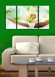 Relógio de Parede em Tela Decorativa (3 Peças) Multicolor – Suede 100% com Moldura de Madeira, 84 x 45 cm