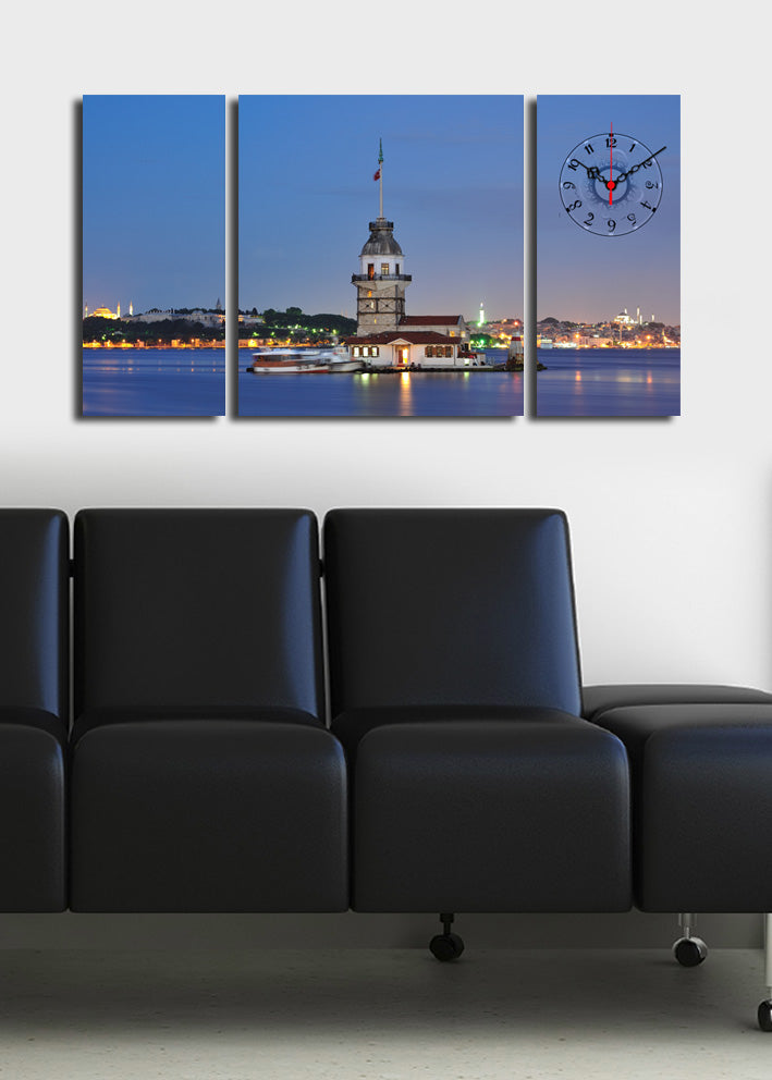 Relógio de Parede Decorativo em Tela Suede – Conjunto 3 Peças Multicolor (84 x 45 cm) com Moldura 100% Madeira