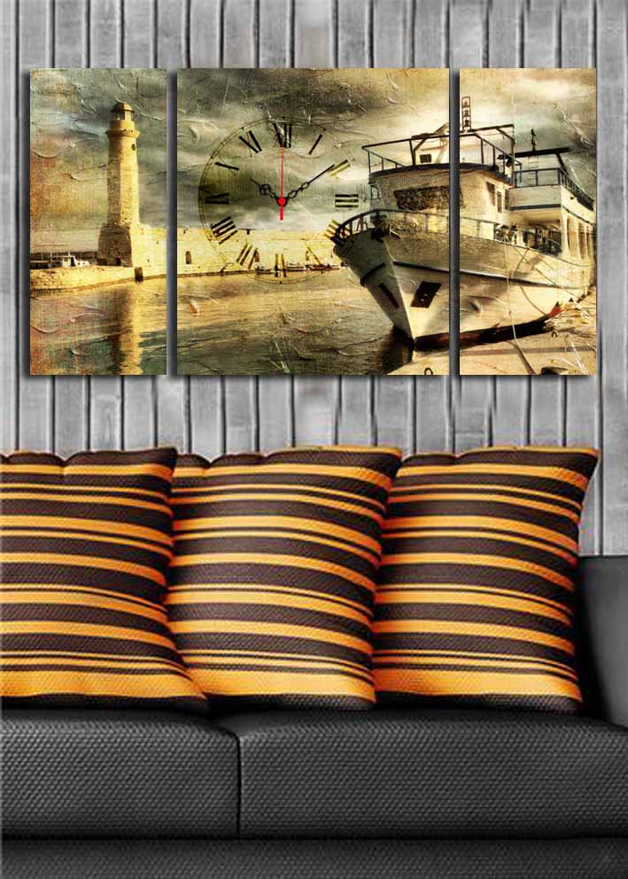 Relógio de Parede em Tela Suede — Conjunto de 3 Peças Multicolor com Moldura de Madeira
