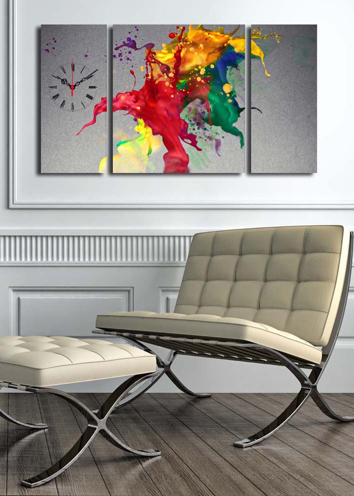 Relógio de Parede Decorativo em Tela Multicolor – Conjunto 3 Peças (84 x 45 cm) | Suede 100% e Moldura de Madeira