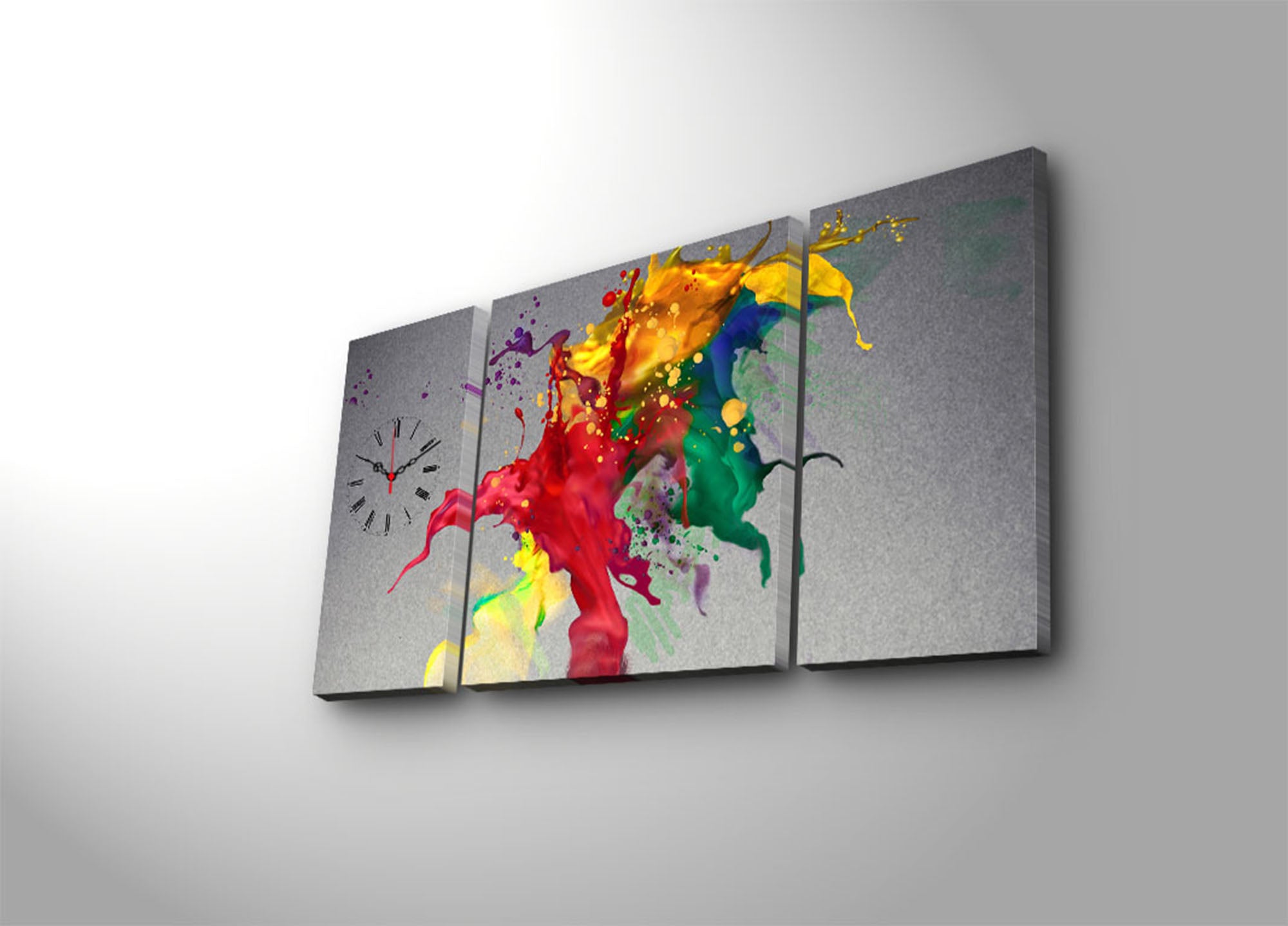 Relógio de Parede Decorativo em Tela Multicolor – Conjunto 3 Peças (84 x 45 cm) | Suede 100% e Moldura de Madeira