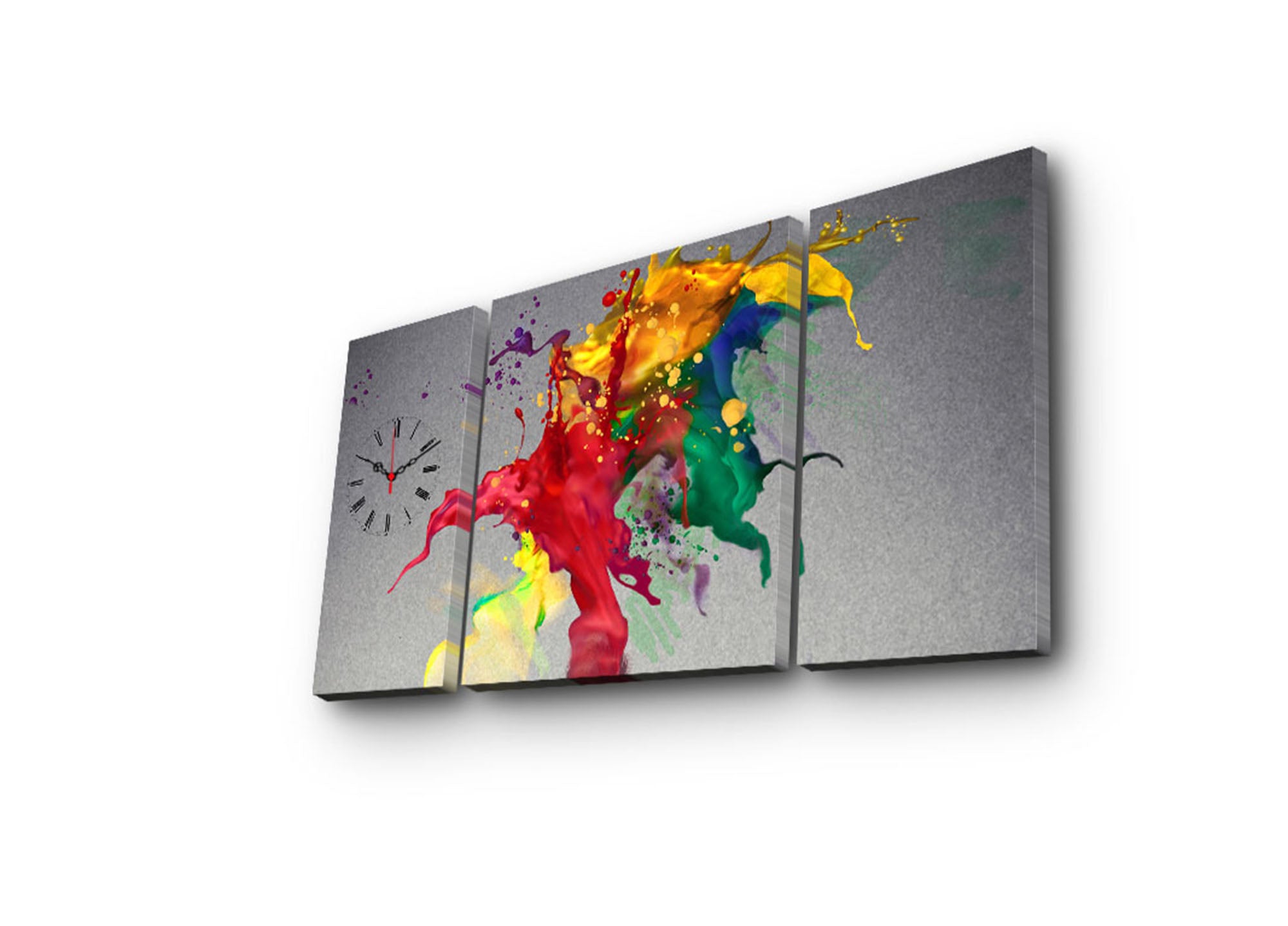 Relógio de Parede Decorativo em Tela Multicolor – Conjunto 3 Peças (84 x 45 cm) | Suede 100% e Moldura de Madeira