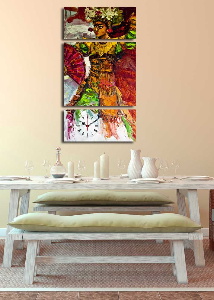 Relógio de Parede em Tela Decorativa (3 Peças) Multicolor – Suede 100%, Moldura de Madeira, 84 x 45 cm