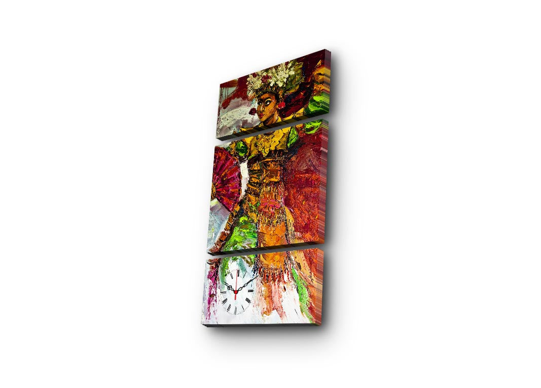 Relógio de Parede em Tela Decorativa (3 Peças) Multicolor – Suede 100%, Moldura de Madeira, 84 x 45 cm