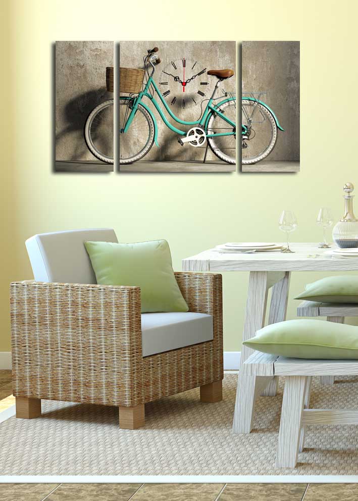 Relógio de Parede Decorativo em Tela Suede (3 Peças) — Multicolor, Moldura de Madeira, 84x45 cm