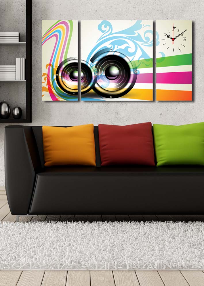 Relógio de Parede Decorativo em Tela Suede – 3 Peças, Multicolor, Moldura de Madeira, 84x45 cm