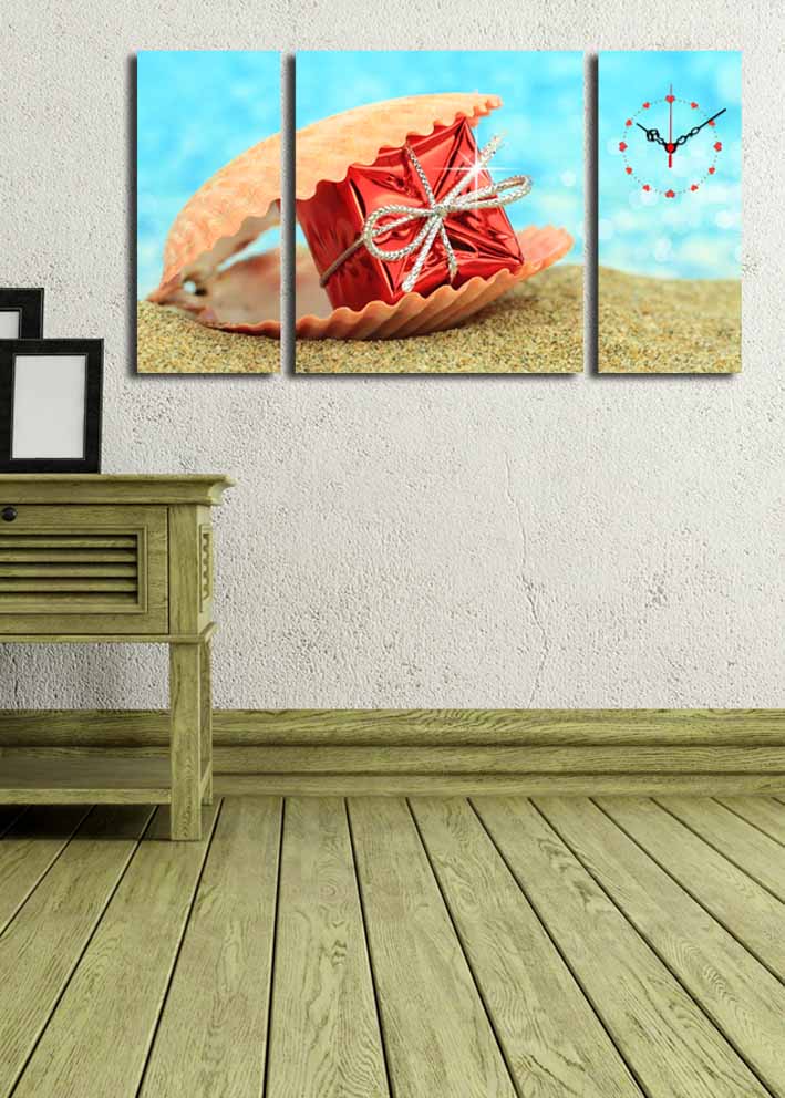 Relógio de Parede Decorativo em Tela Suede (3 Peças), Multicolor, Moldura de Madeira, 84 x 45 cm